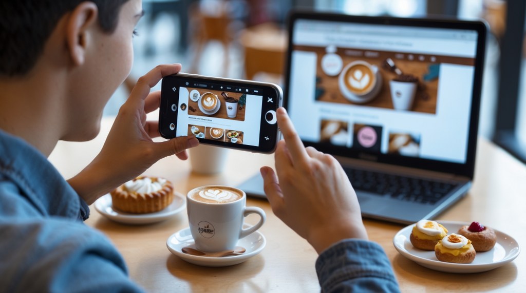 A customer snapping a photo of a product and posting it online, representing user generated content shaping design.