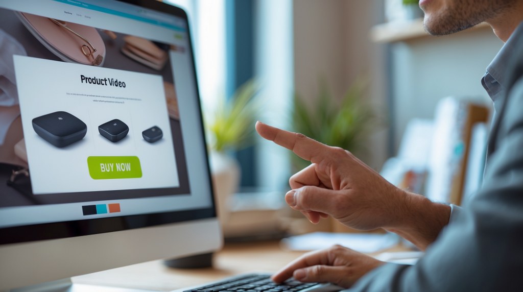 A customer watching a product video on a site and clicking “Buy Now.”