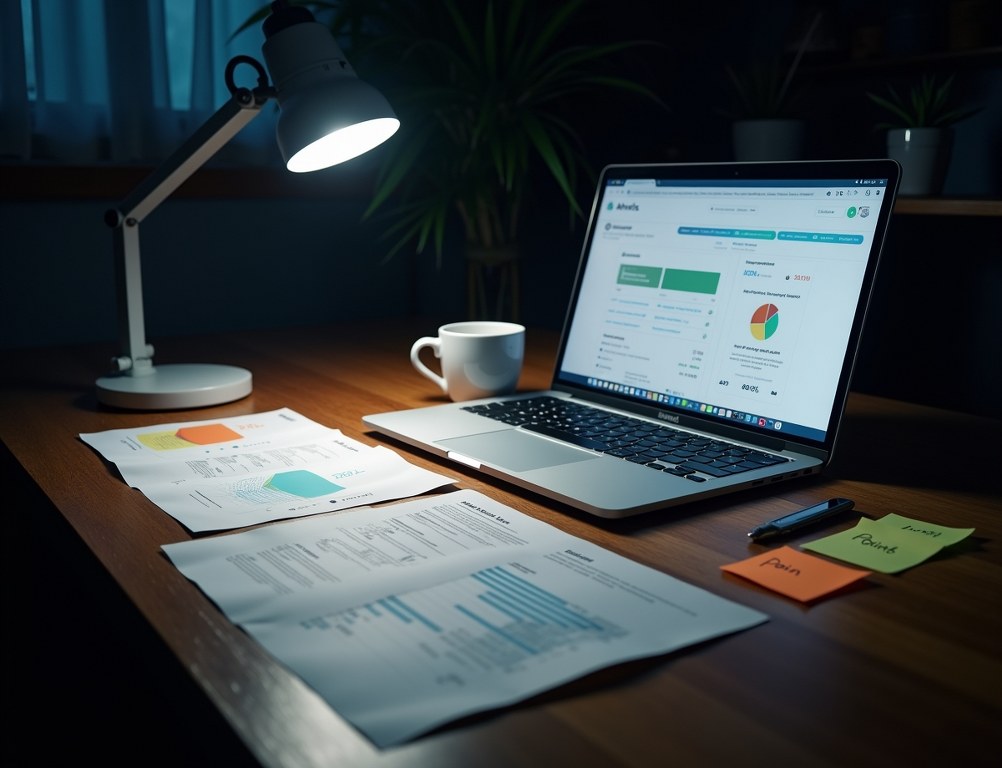 A desk with a laptop showing competitor analysis and detailed buyer and seller personas.