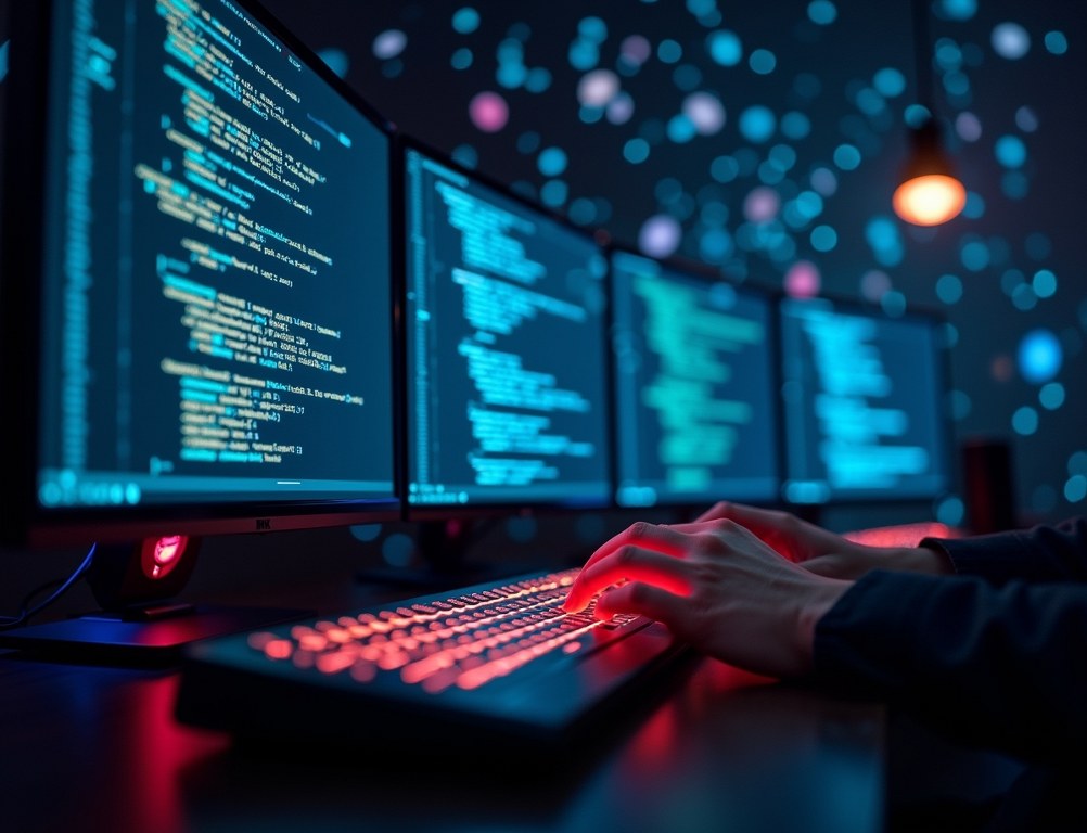 A developer's hands typing on a keyboard with glowing lines of code floating in the air.