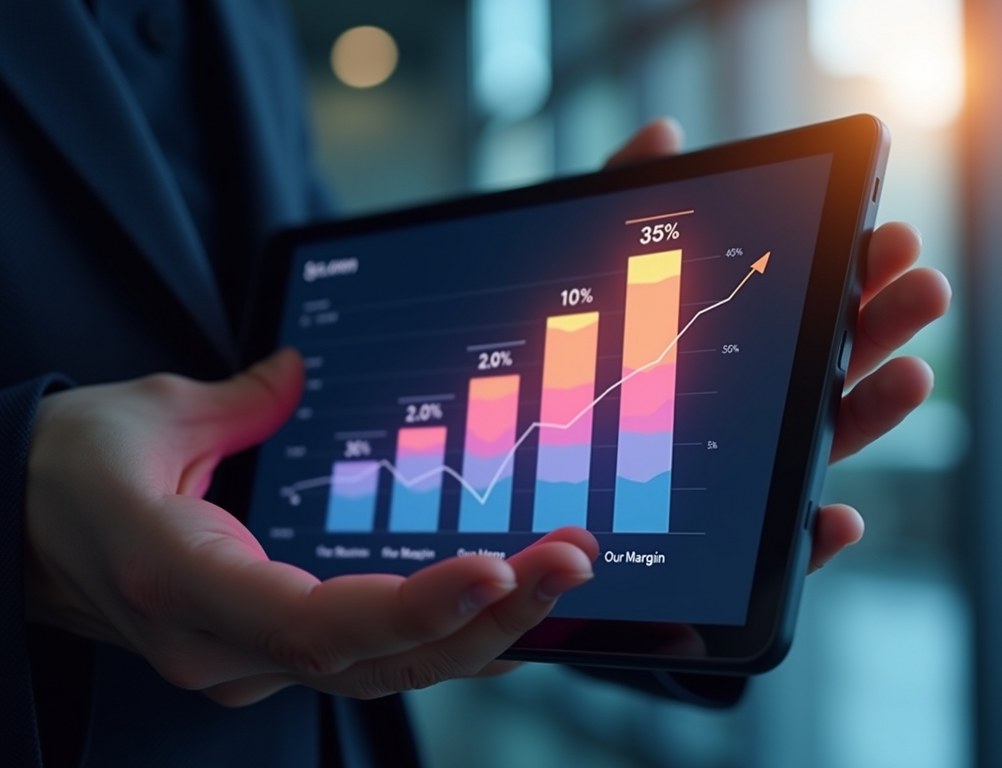 A digital tablet displays a glowing chart with a high profit margin, indicating strong financial health for an e-commerce business.