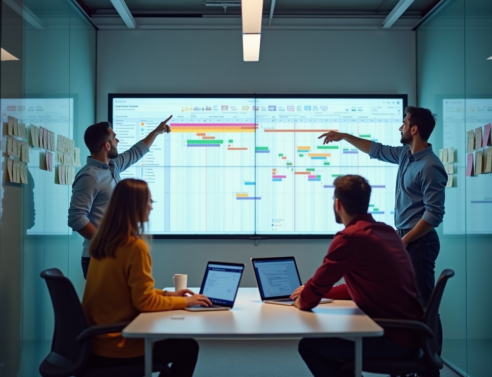 A diverse development team collaborating in a modern office with a Gantt chart on a digital whiteboard.