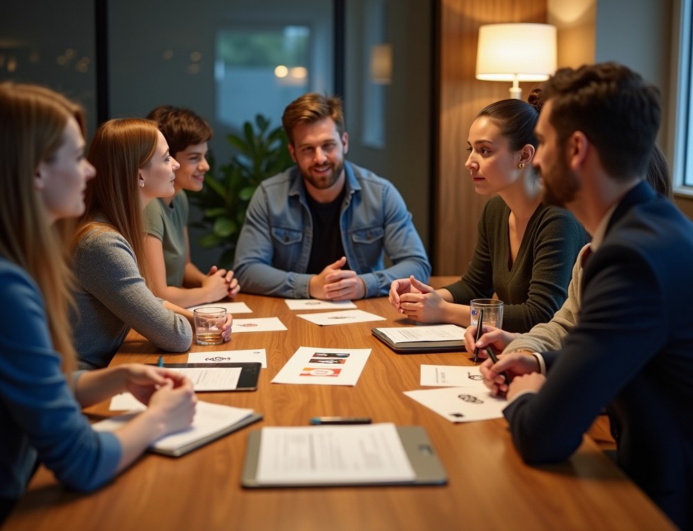 A diverse focus group providing feedback on new brand concepts during a market research session.