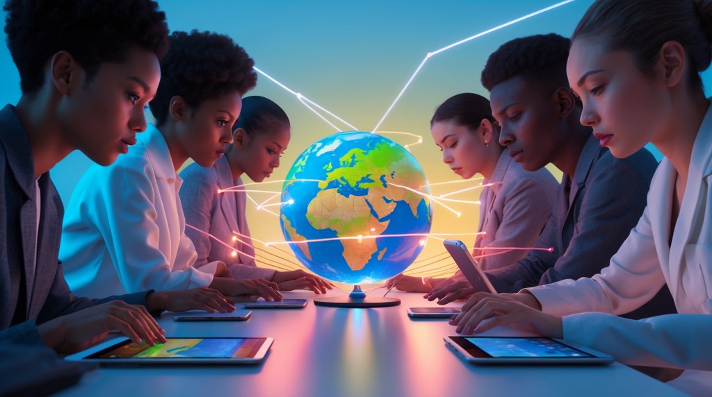 A diverse group of people, each working on a different device, all connected by glowing lines to a globe in the center.