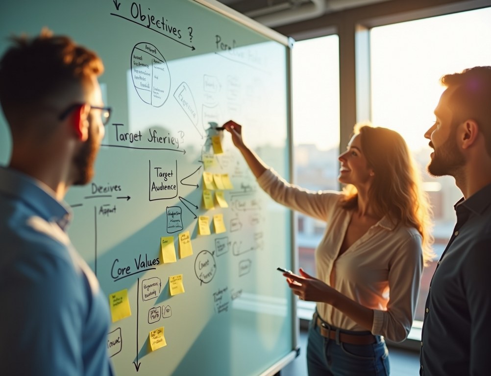 A diverse team collaborating on a rebranding strategy around a large whiteboard in a modern office.