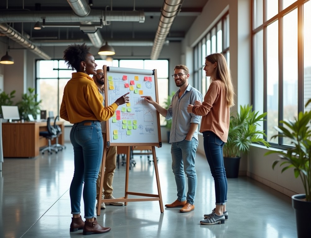 A diverse team of entrepreneurs collaborates energetically around a whiteboard filled with charts in a modern startup office.