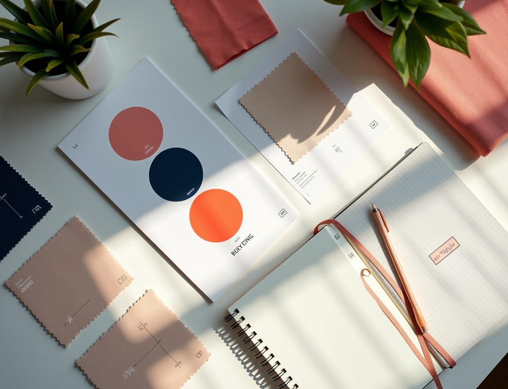 A flat-lay of a designer's desk with a brand identity mood board, color swatches, and fonts.