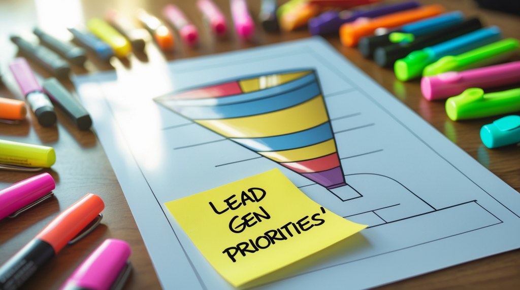 A flat lay of a desk with a printed funnel diagram, highlighters, and a note reading “Lead Gen Priorities.”