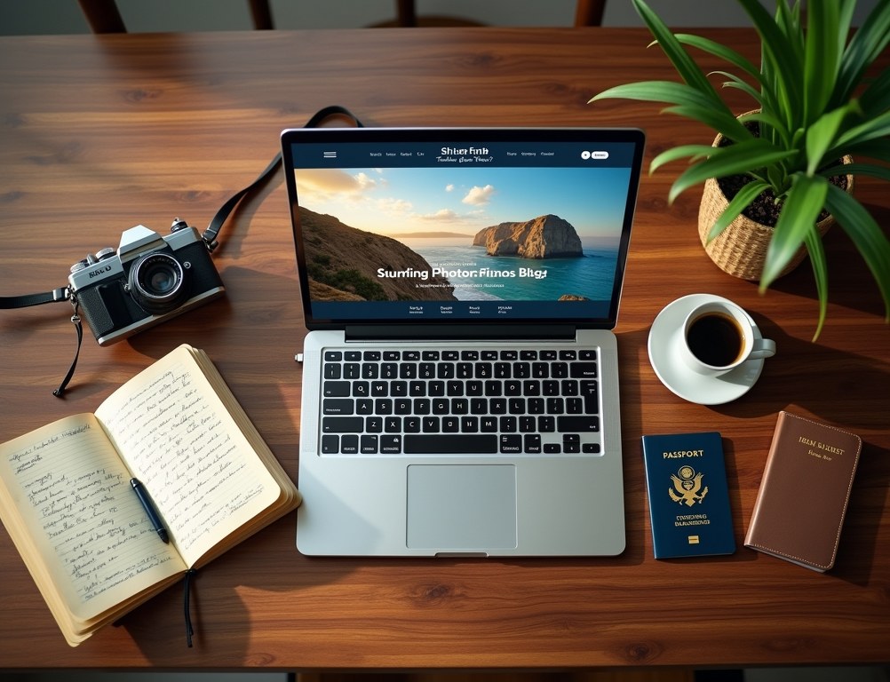 A flat lay of a travel blogger's desk with a laptop, passport, and camera.