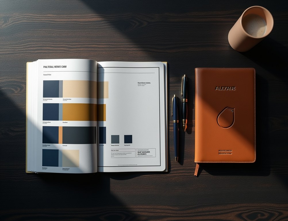 A flat lay of brand identity elements, including a color palette, notebook, and a tablet with logo guidelines.
