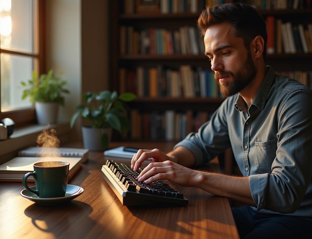 A focused freelance writer types on a keyboard in a sunlit home office, seen from over his shoulder.