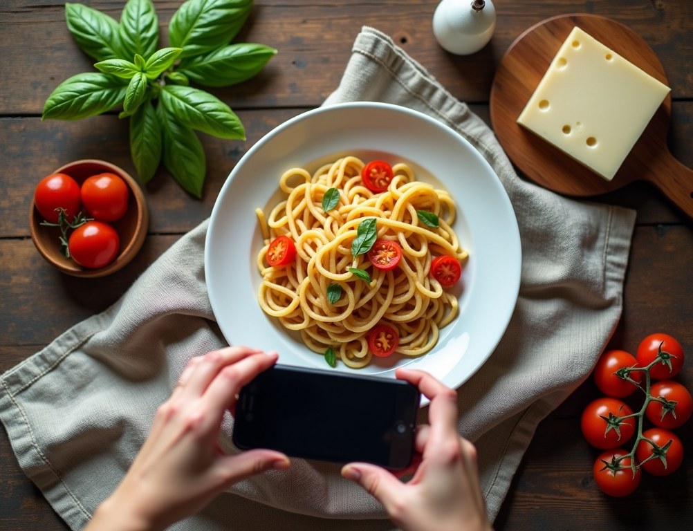 A food blogger's hands taking an overhead photo of a pasta dish for their blog.