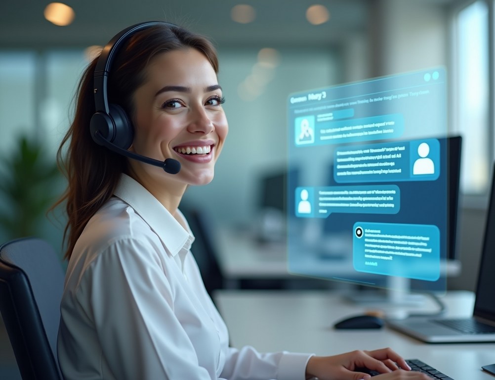 A friendly customer service agent working in tandem with an AI chatbot interface shown in the foreground.