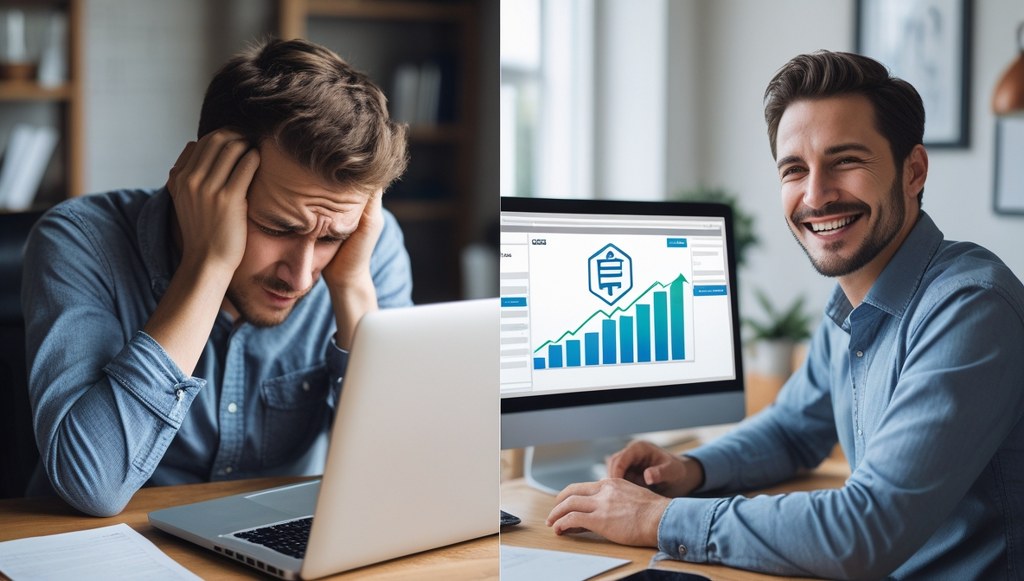 A frustrated blogger staring at a frozen screen on the left while a smiling business owner views sales charts on the right, contrasting free vs paid web hosting.
