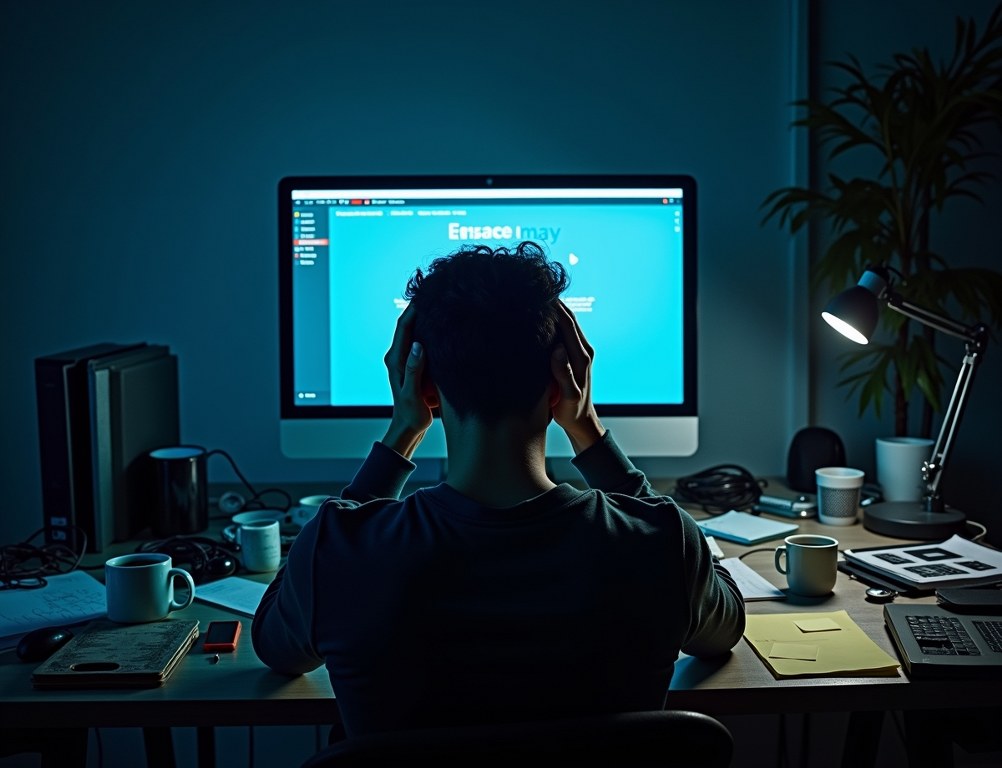 A frustrated person at a cluttered desk, illustrating that DIY website design can be very time-consuming.