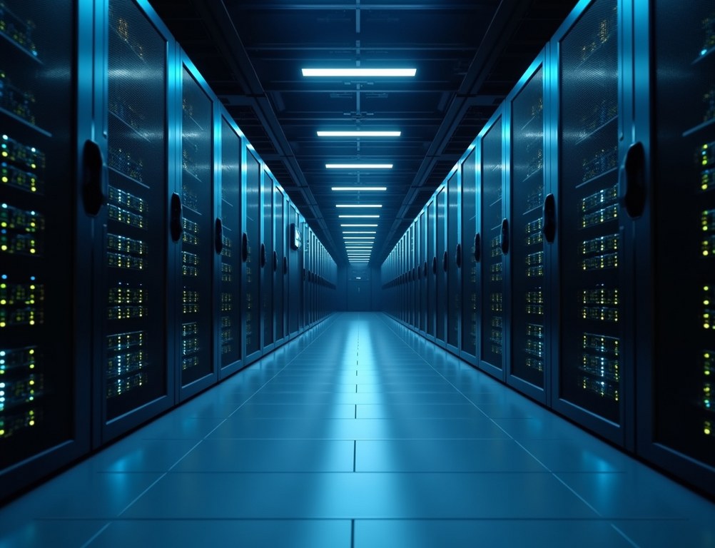 A futuristic data center with rows of glowing server racks representing web hosting.