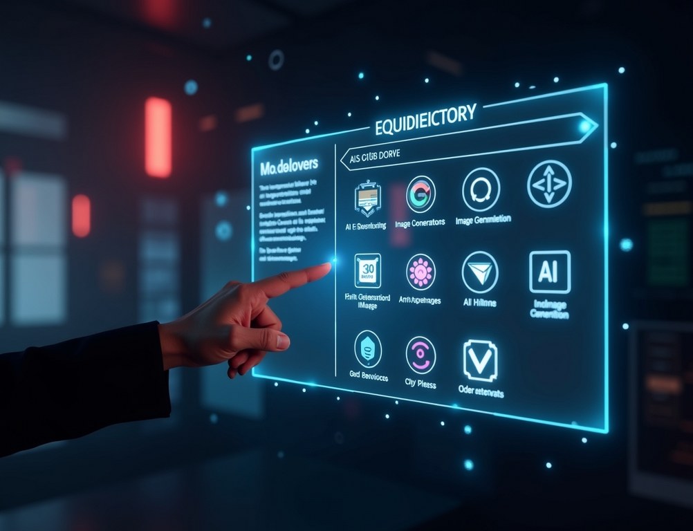 A futuristic holographic interface showing a categorized directory of AI technology tools.
