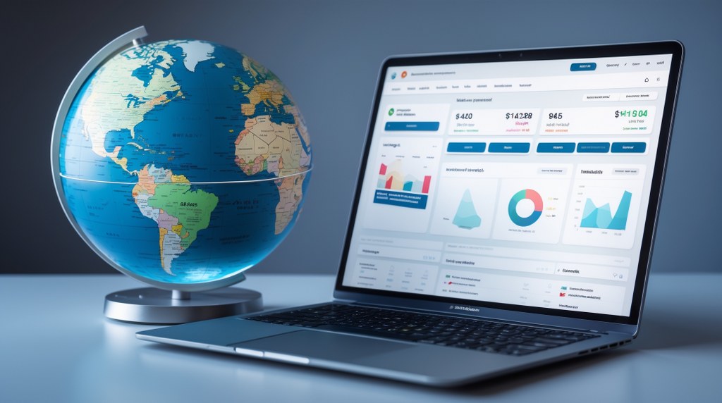 A globe next to a laptop showing a Shopify dashboard, symbolizing cross-border selling.