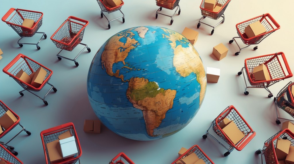 A globe surrounded by shopping carts, symbolizing global abandonment rates.