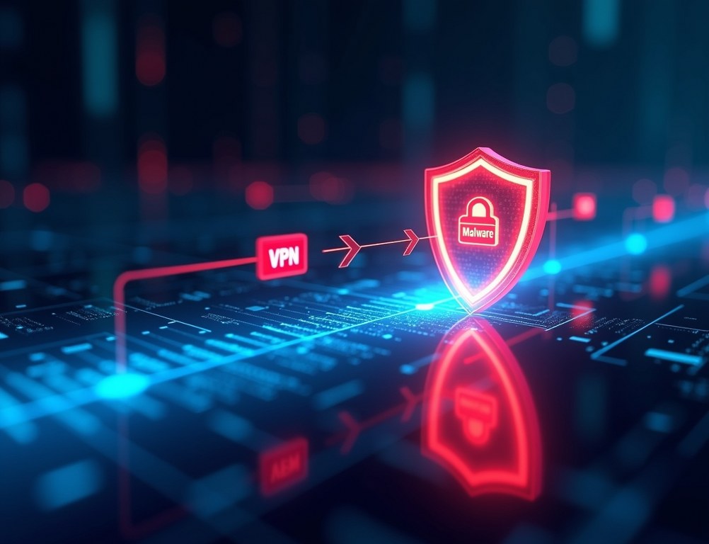 A glowing digital shield representing a VPN protects a data stream from malware attacks.