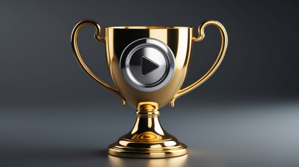 A gold trophy with a play button on it