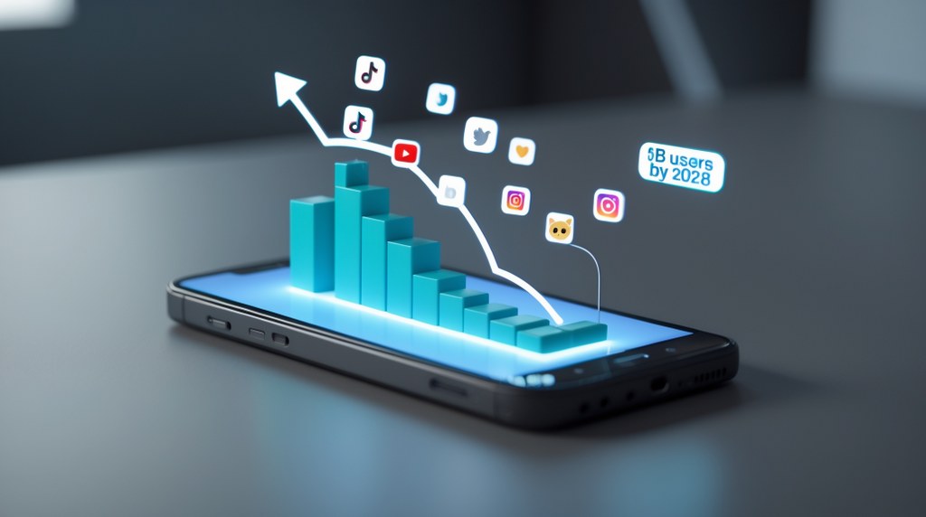 A graph growing out of a smartphone screen, with icons like TikTok, Instagram, and AI symbols floating upward—representing projected user growth.