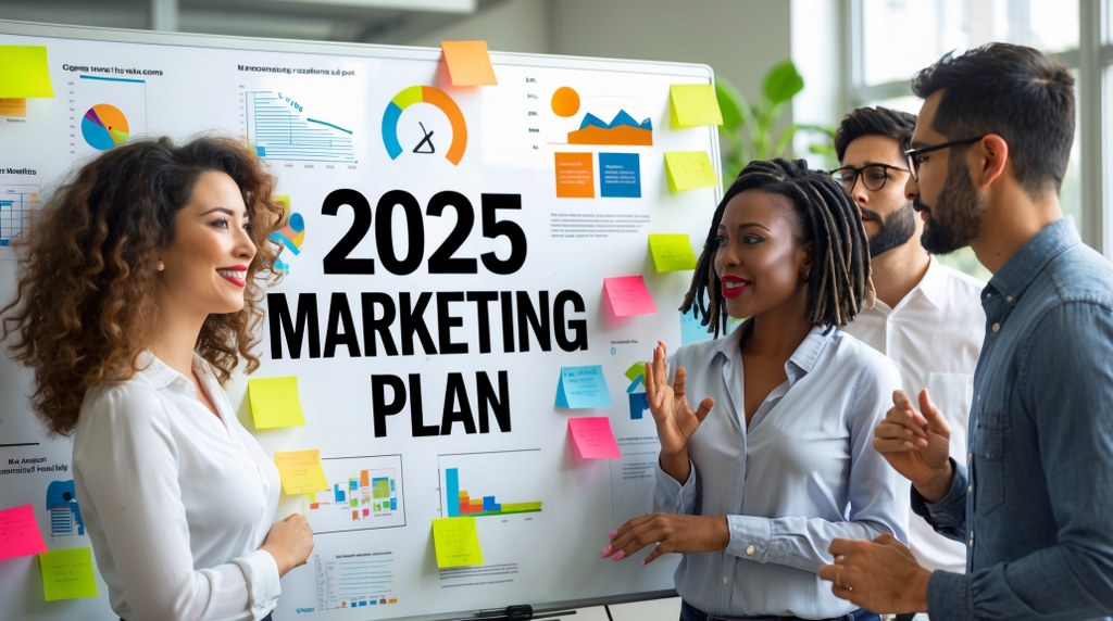 A group of diverse coworkers gathered around a whiteboard with 