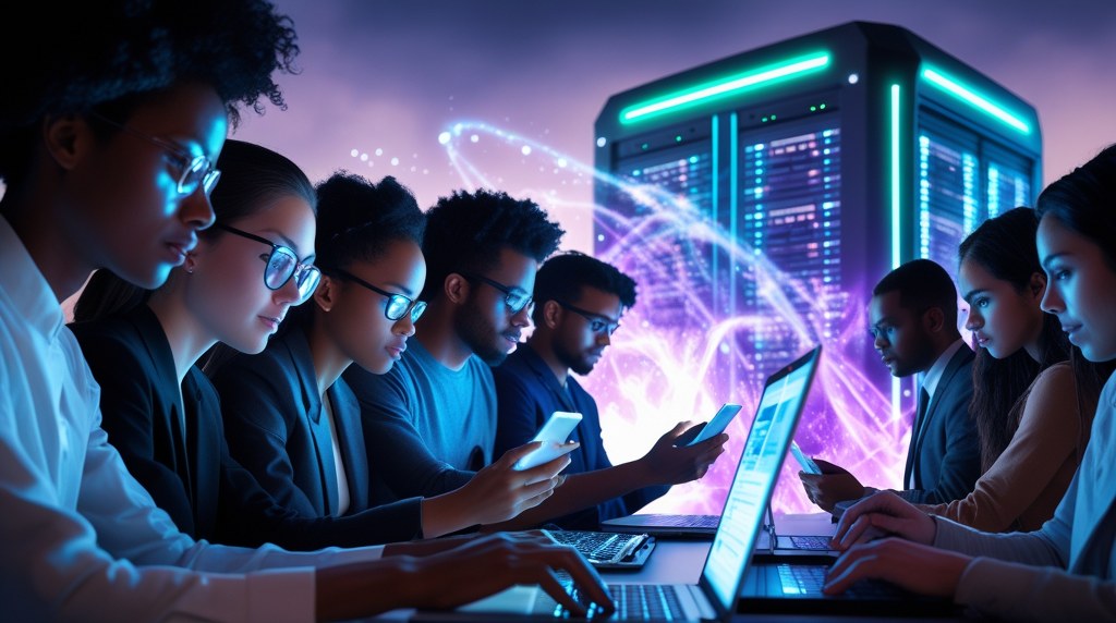 A group of people browsing on laptops and phones while a large server in the background delivers glowing data streams.