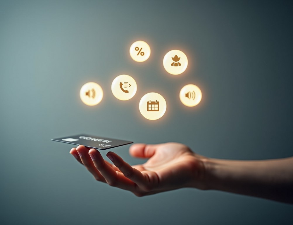 A hand holding a credit card surrounded by glowing spheres representing various e-commerce business models.