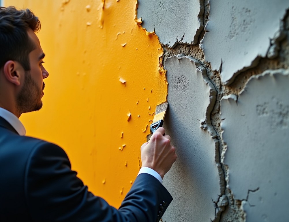 A hand painting over a cracked wall, symbolizing the mistake of using a rebrand to cover up a crisis.