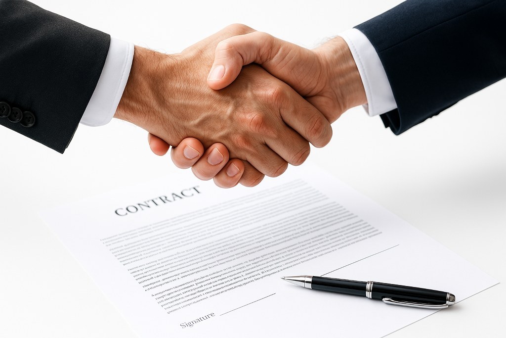 A handshake during the signing of a contract.