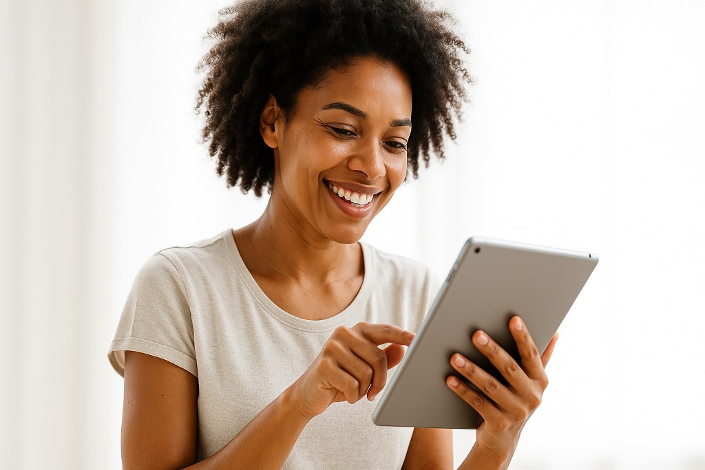 A happy customer scrolling through a website.