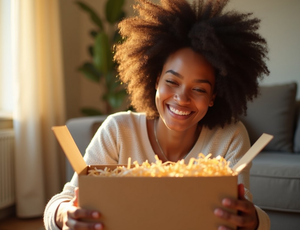 A happy customer smiles as she unboxes a product, representing high customer satisfaction and brand loyalty.