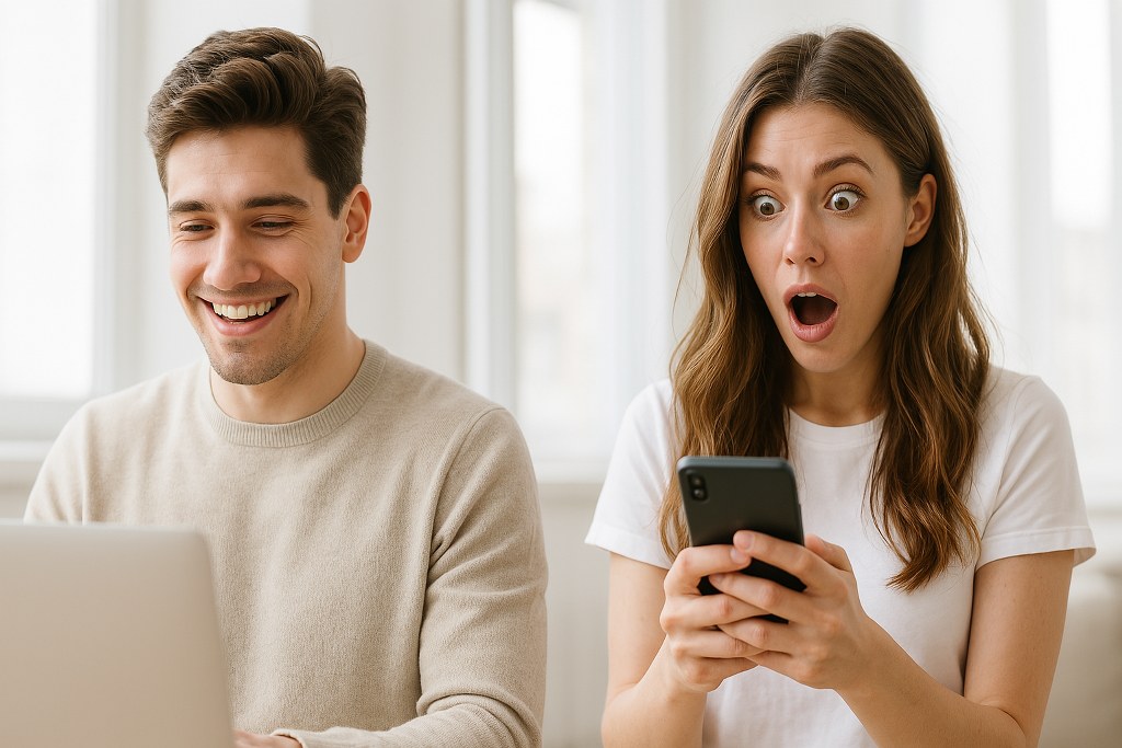 A happy man and a surprised woman reading something on the phone.