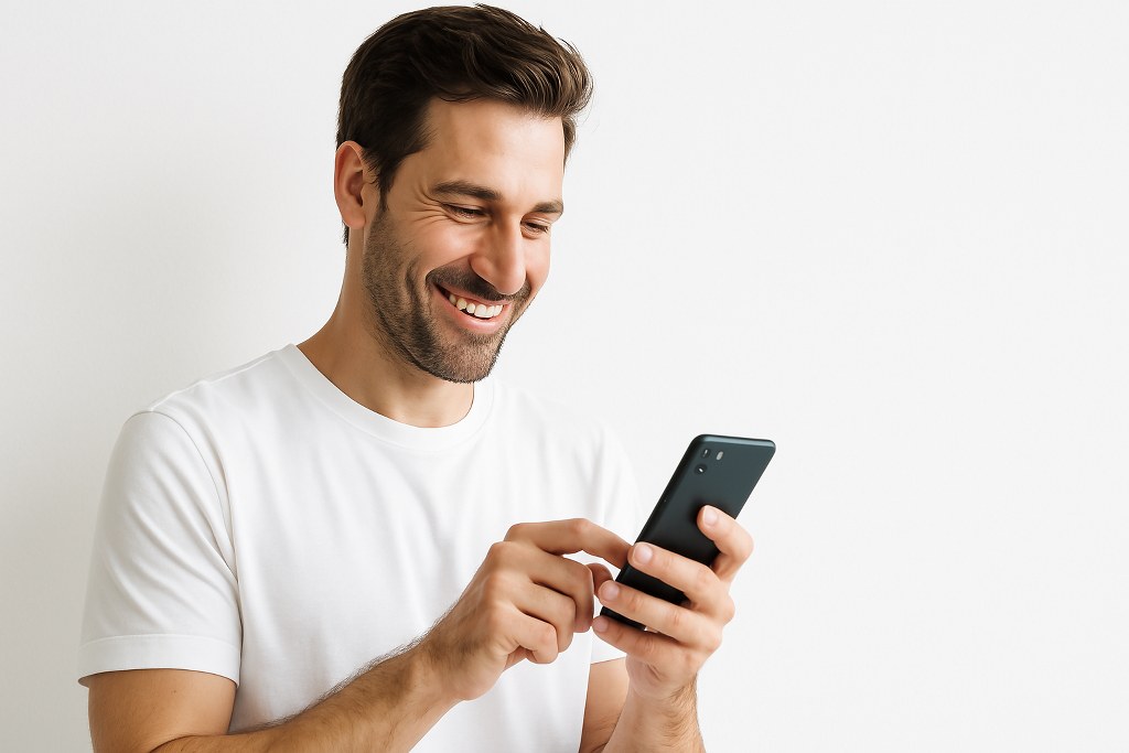 A happy man reading something on his phone.