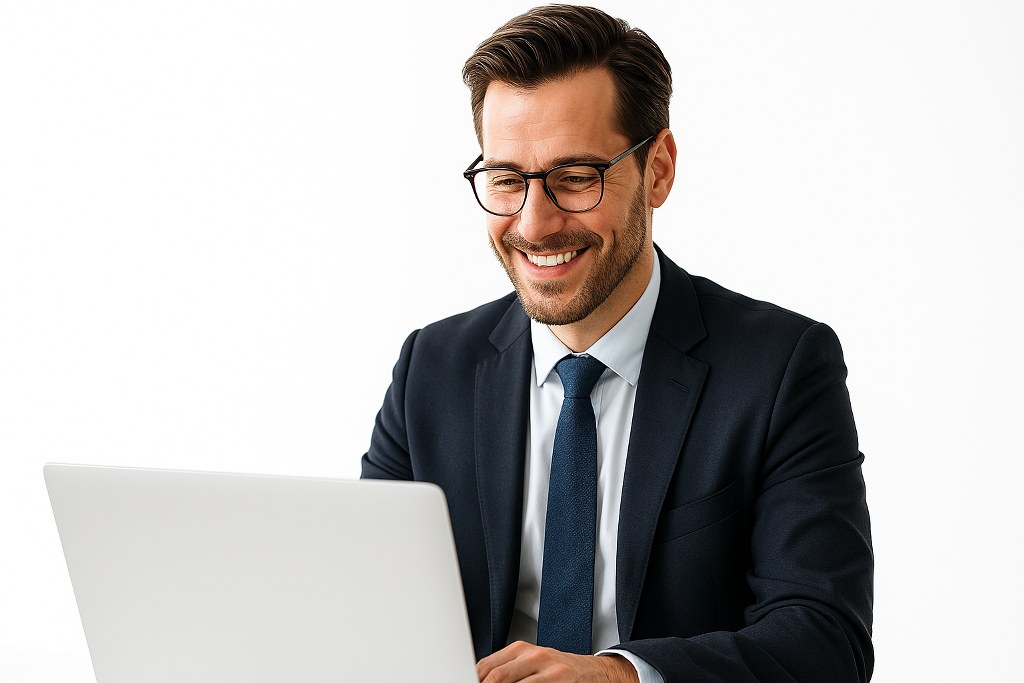 A happy man using his laptop.
