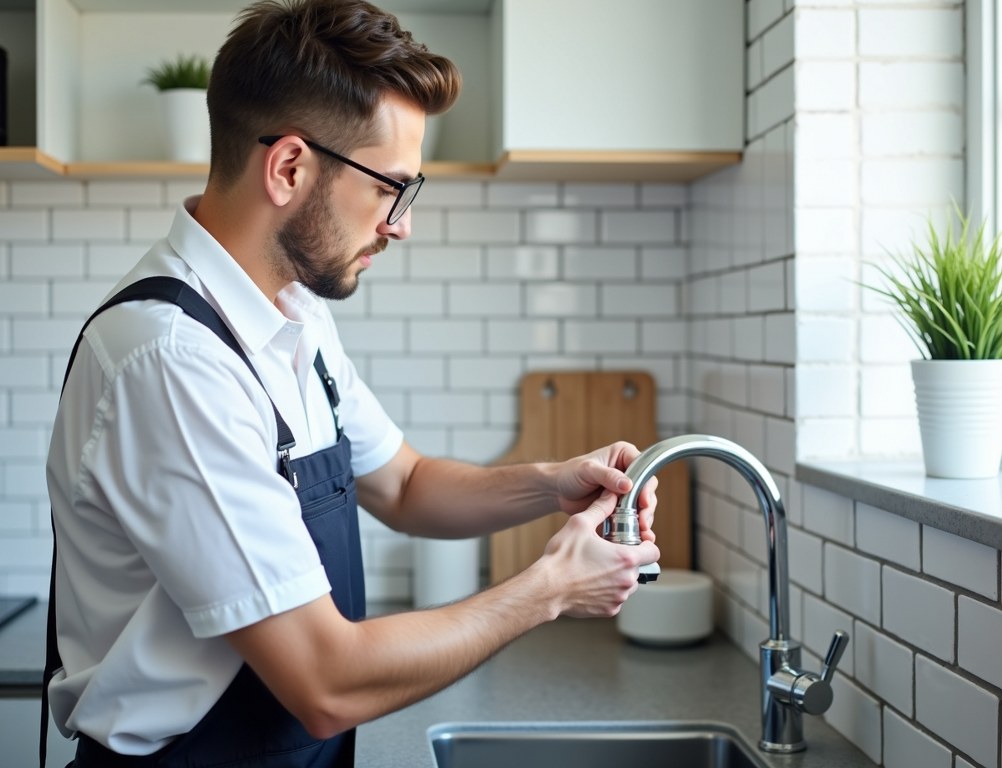A high-quality photo of a professional plumber installing a new kitchen faucet.