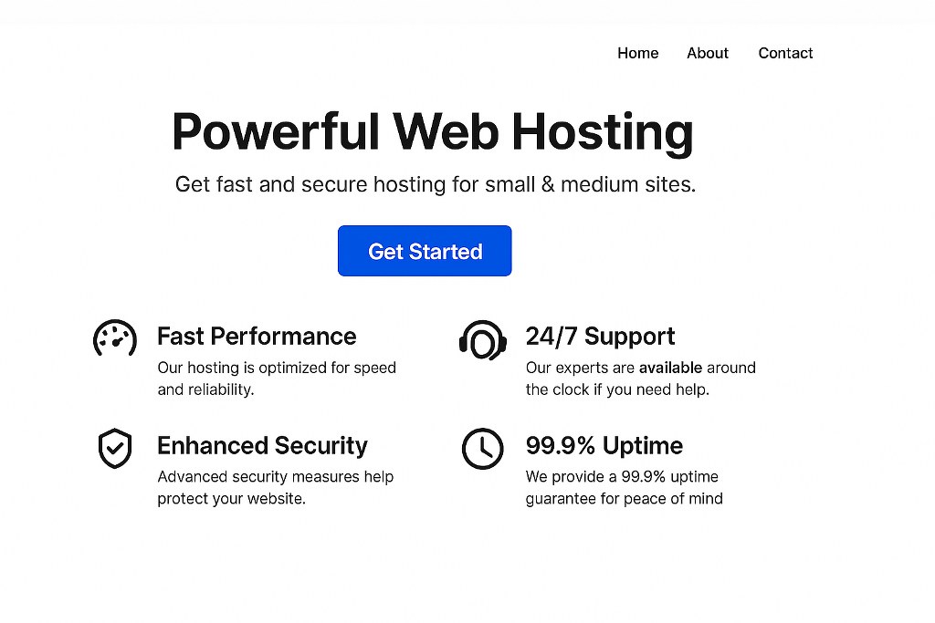 A landing page of a web hosting site with clear benefits of services offered.