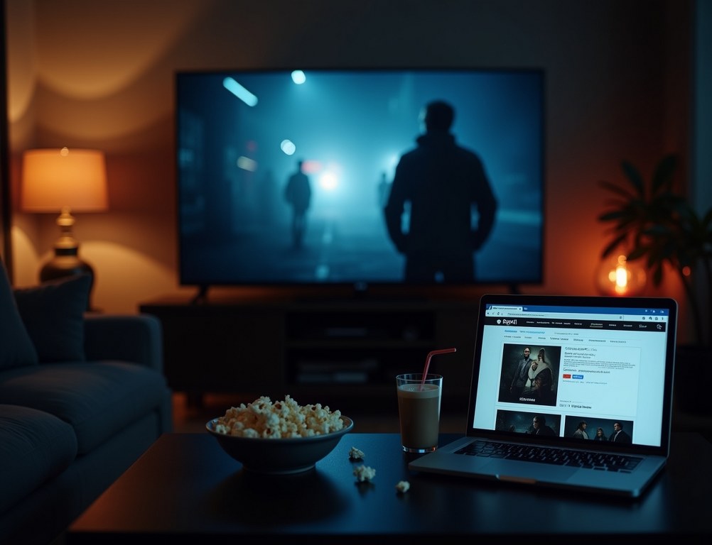 A laptop open to a film review website sits in front of a TV showing a movie.