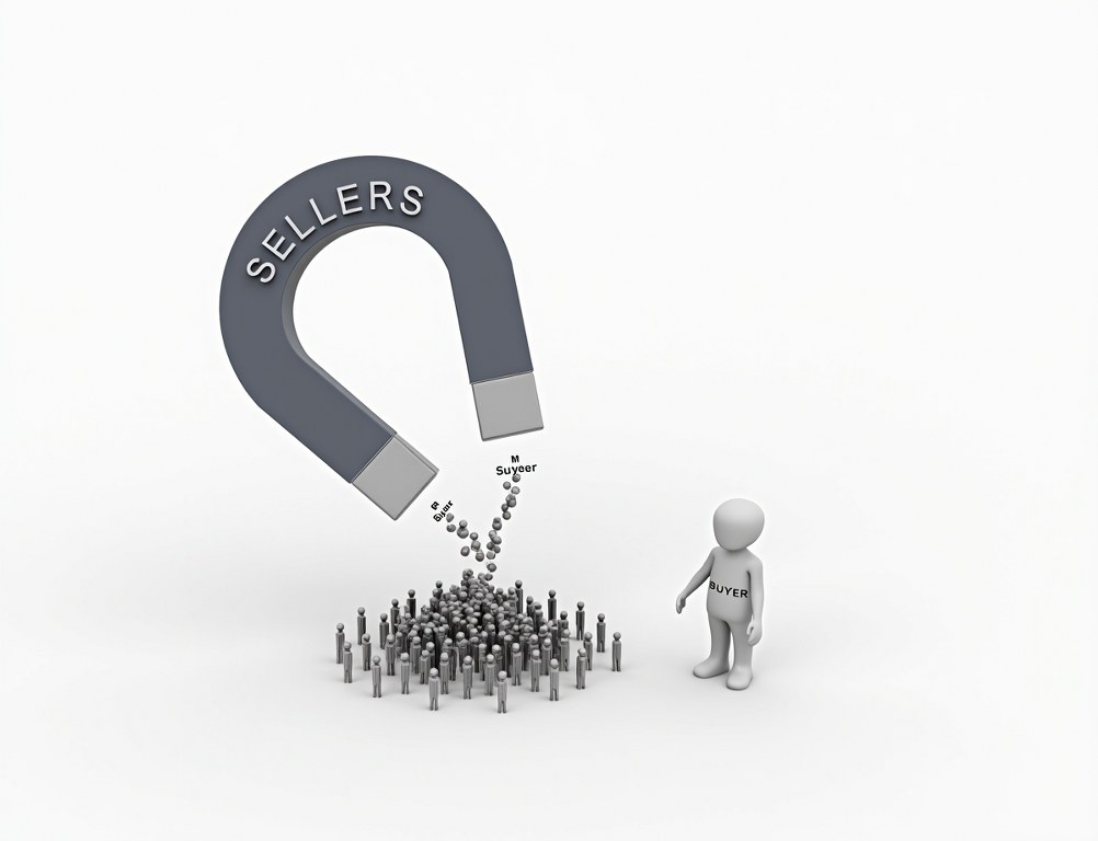 A large magnet labeled 'SELLERS' attracts a stream of icons, representing the strategy of acquiring suppliers first.