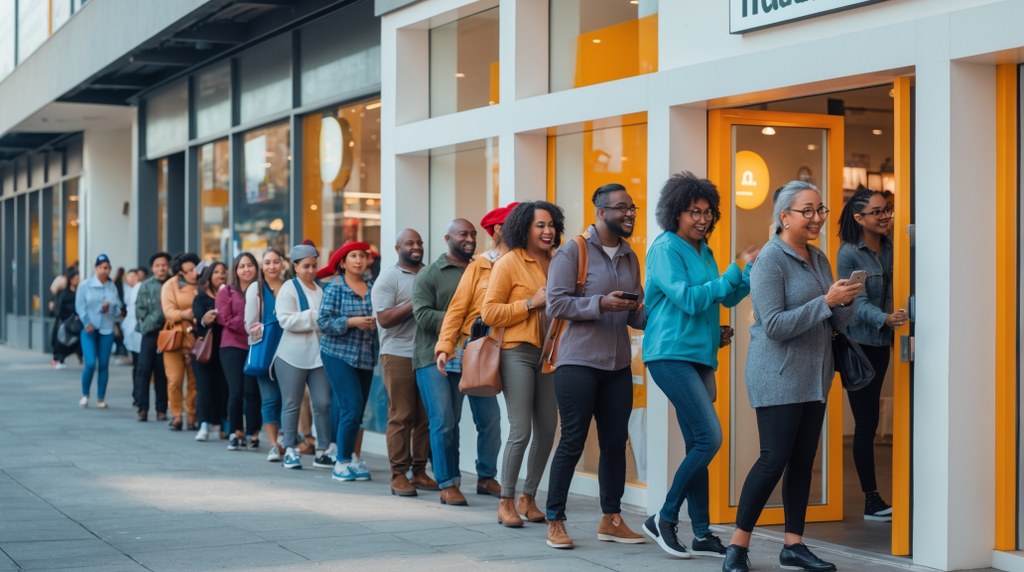 A line of people entering the door of one store while ignoring others, symbolizing high organic traffic.