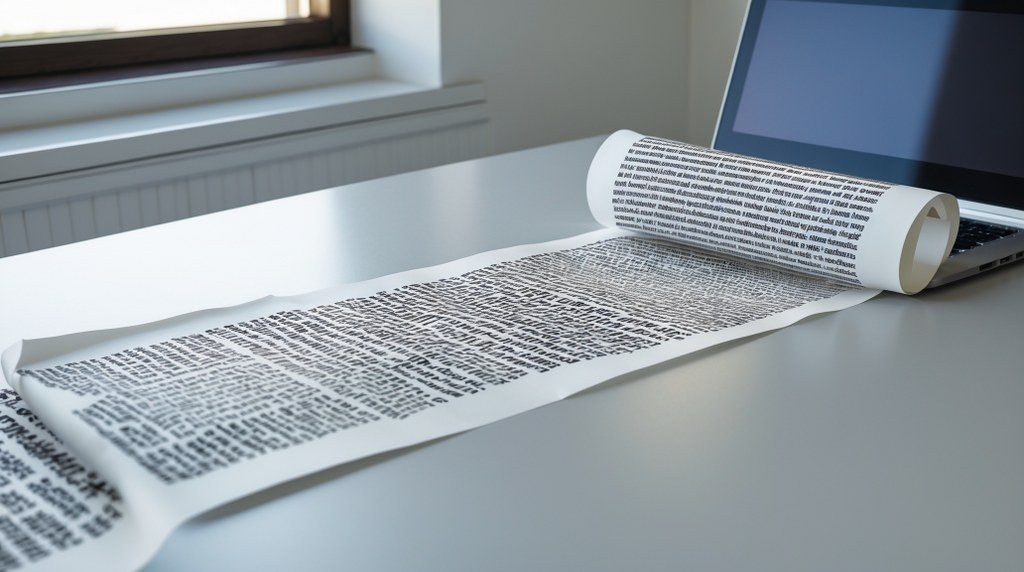 A long scroll of digital text unrolling from a computer screen — symbolizing long-form blog posts.
