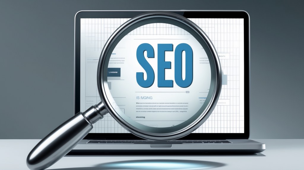 A magnifying glass hovering over a blog page with the word “SEO” clearly visible