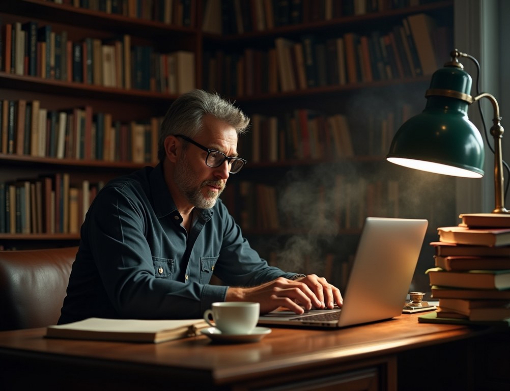A male writer at a desk with a banker's lamp, typing a blog post on a laptop.