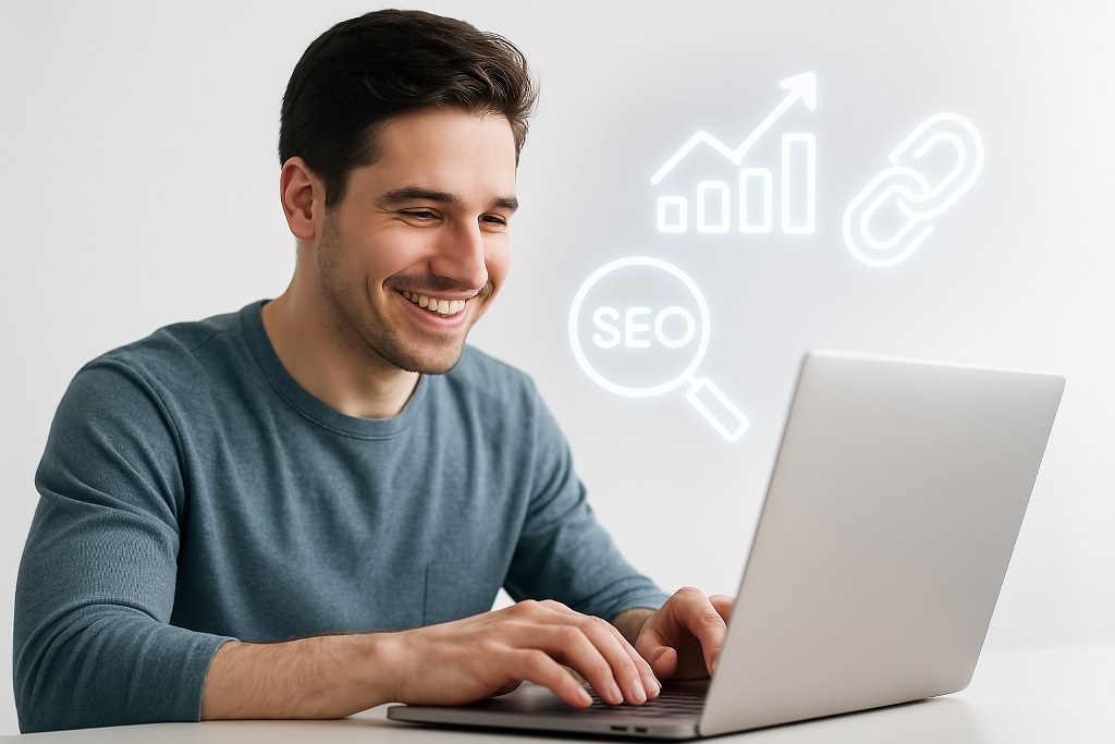 A man browsing the internet with SEO illustrations floating around.