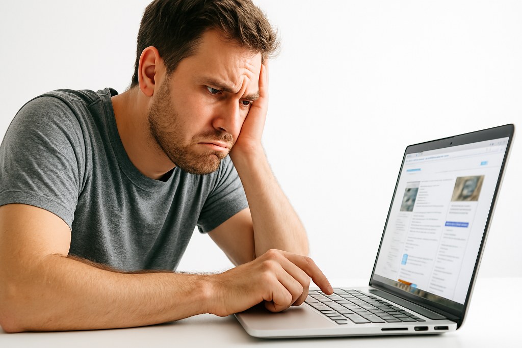 A man having a bad experience on a website.