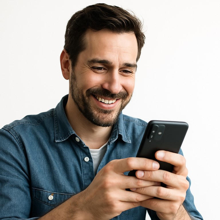 A man smiling while using his phone.