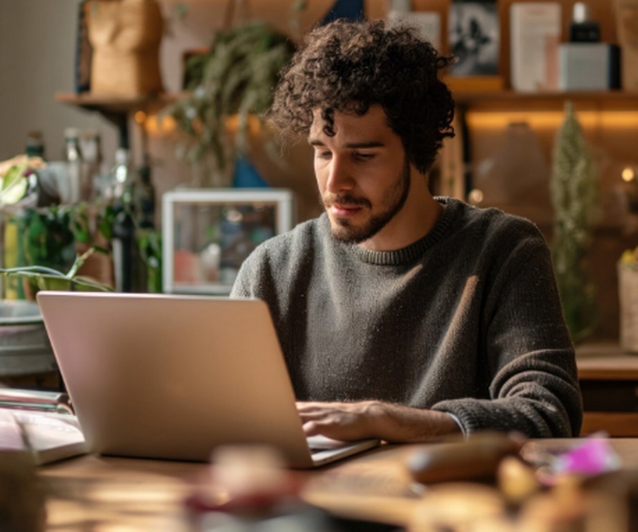 A man typing on his laptop.
