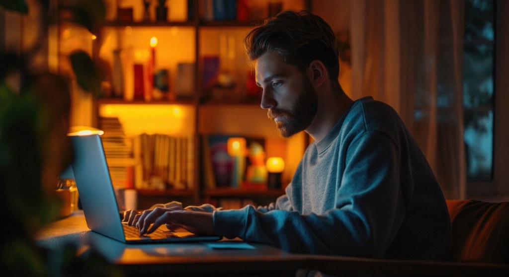 A man using his laptop in a home library.