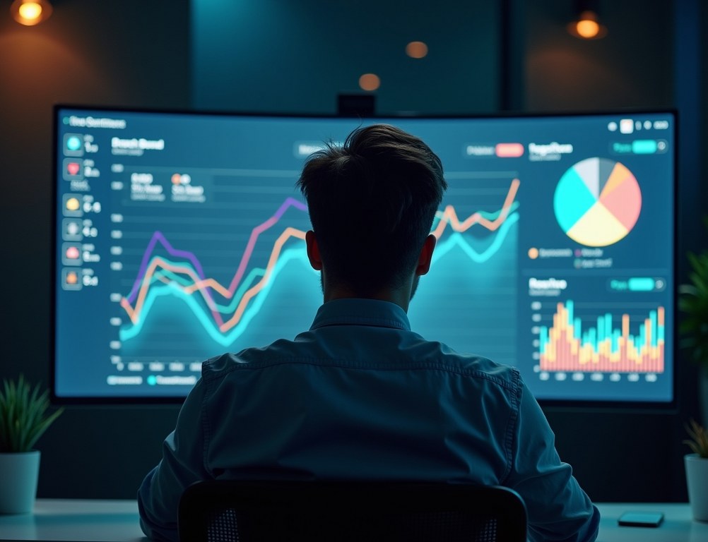 A marketing professional tracking brand sentiment on a computer dashboard with charts and graphs.